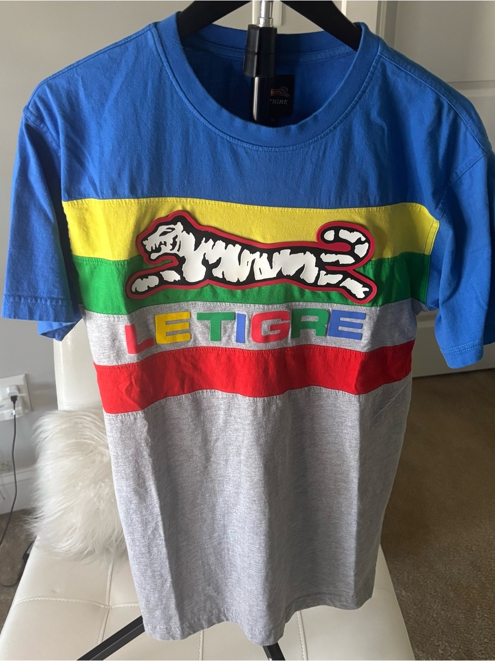 Le Tigre Blue, Gray & Multicolor Stripe Tiger Logo Tee